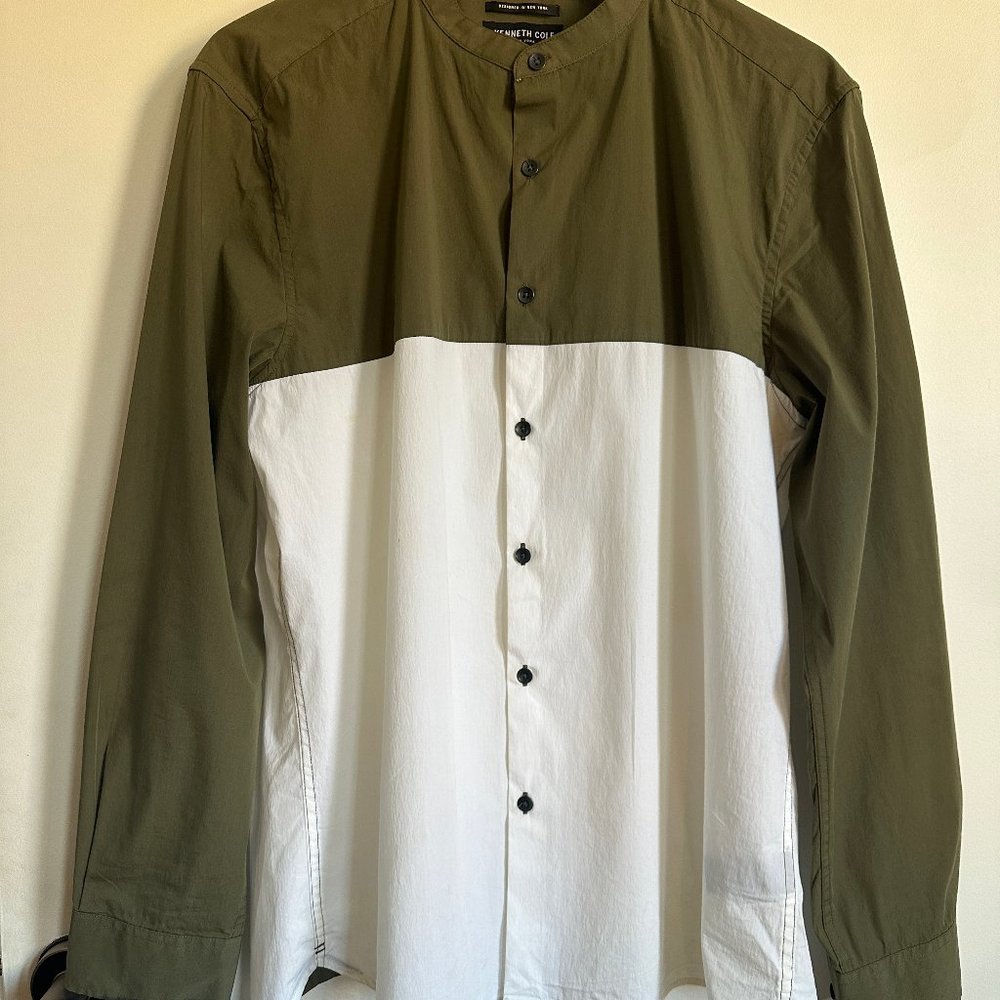 Kenneth Cole - Dress Shirt - Olive Green & White - Large